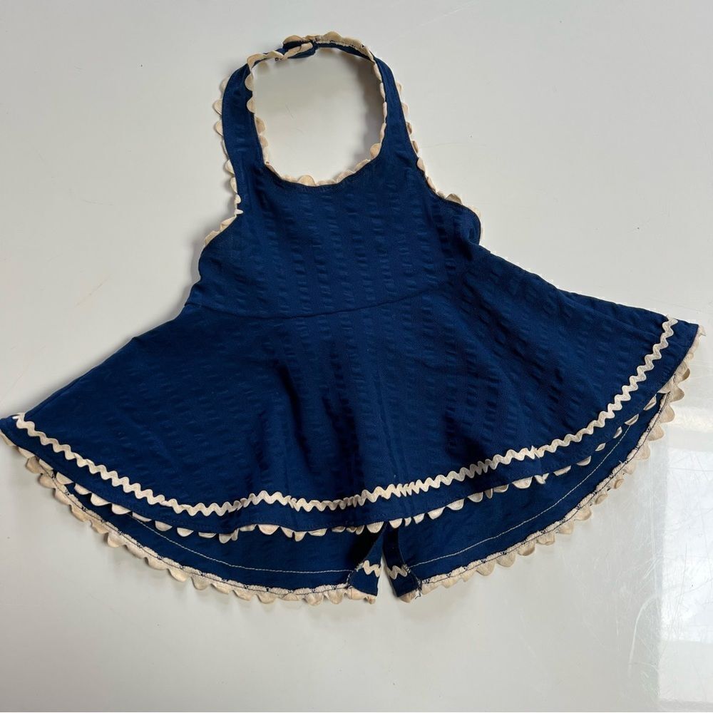 Vintage 1970s Apron Style Tie Belt Swing Halter Dress with Scalloped Trim - Picture 4 of 7
